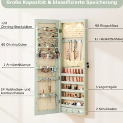 Schmuckschrank mit LED Beleuchtung Schmuckregal mit Spiegel Abschließbarer Spiegelschrank
