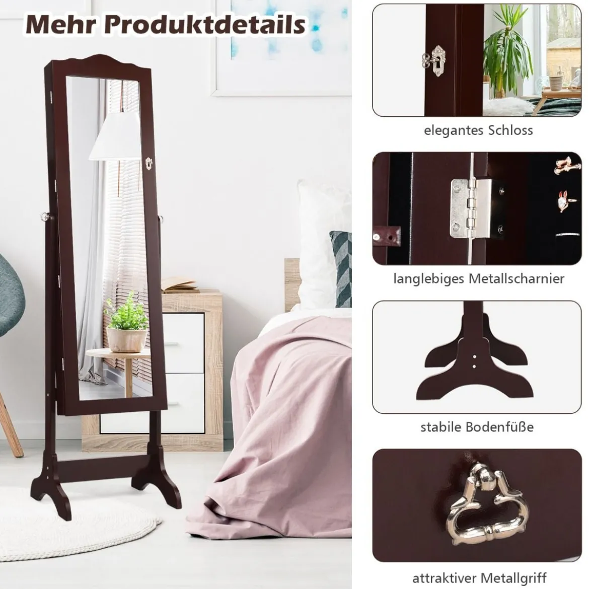 Schmuckschrank mit 14 LED Leuchten & Ganzkörperspiegel Schmuckregal Spiegelschrank