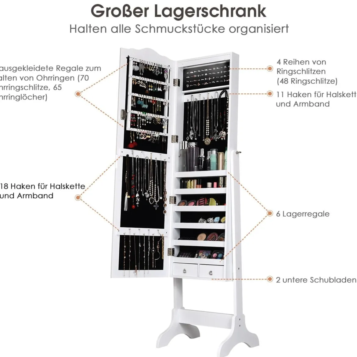 Schmuckschrank mit 14 LED Leuchten & Ganzkörperspiegel Schmuckregal Spiegelschrank