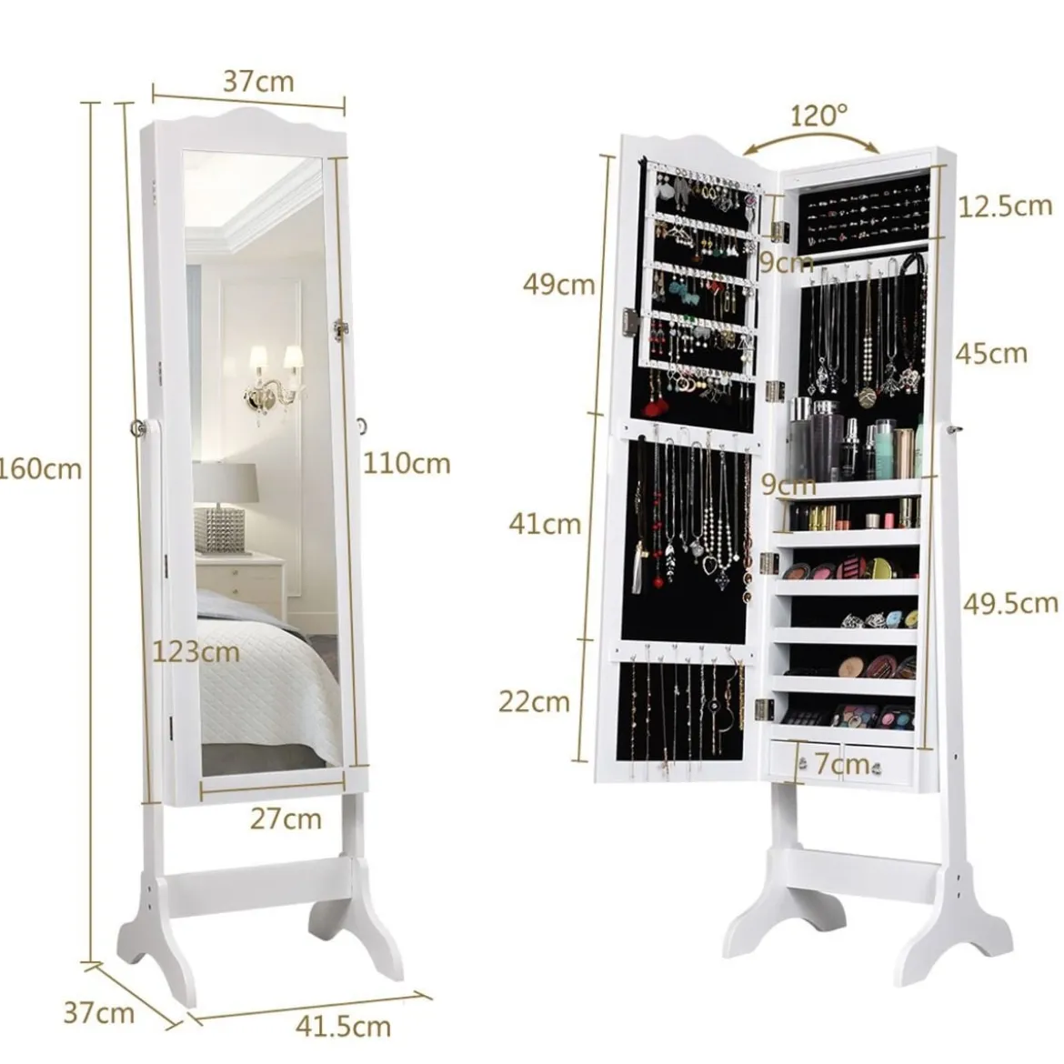 Schmuckschrank mit 14 LED Leuchten & Ganzkörperspiegel Schmuckregal Spiegelschrank