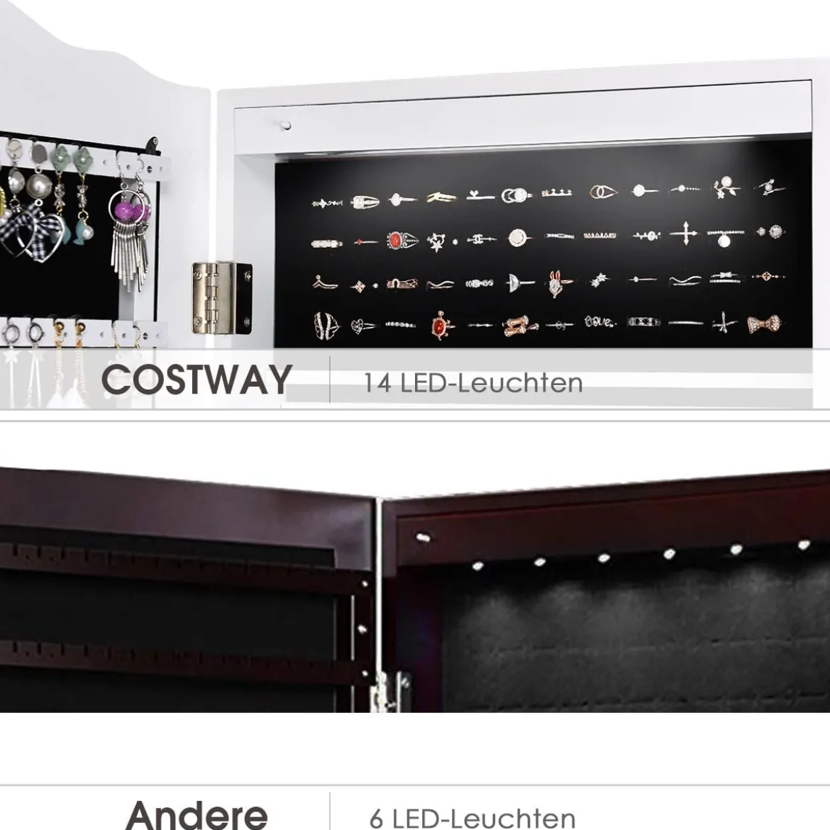Schmuckschrank mit 14 LED Leuchten & Ganzkörperspiegel Schmuckregal Spiegelschrank