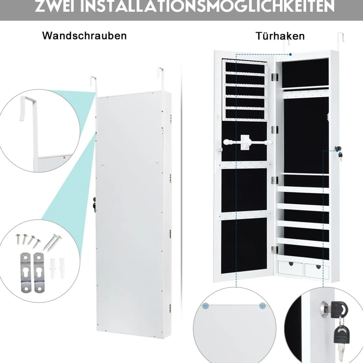 Schmuckschrank mit 15 LED Leuchten & Ganzkörperspiegel & Tür- / Wandmontage Weiß