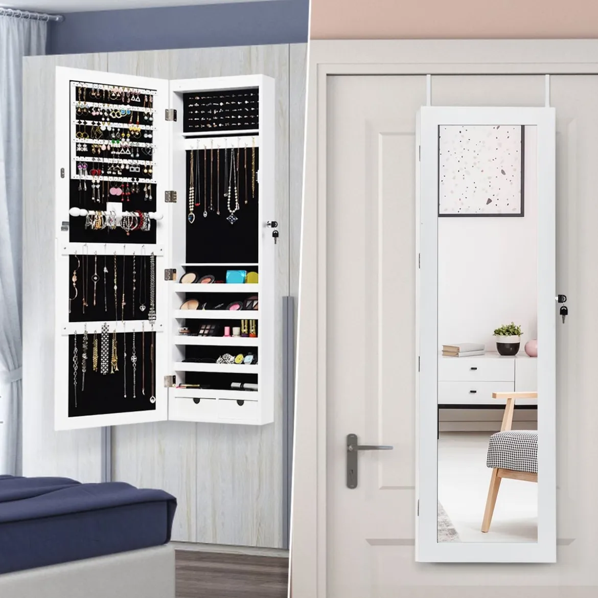 Schmuckschrank mit 15 LED Leuchten & Ganzkörperspiegel & Tür- / Wandmontage Weiß