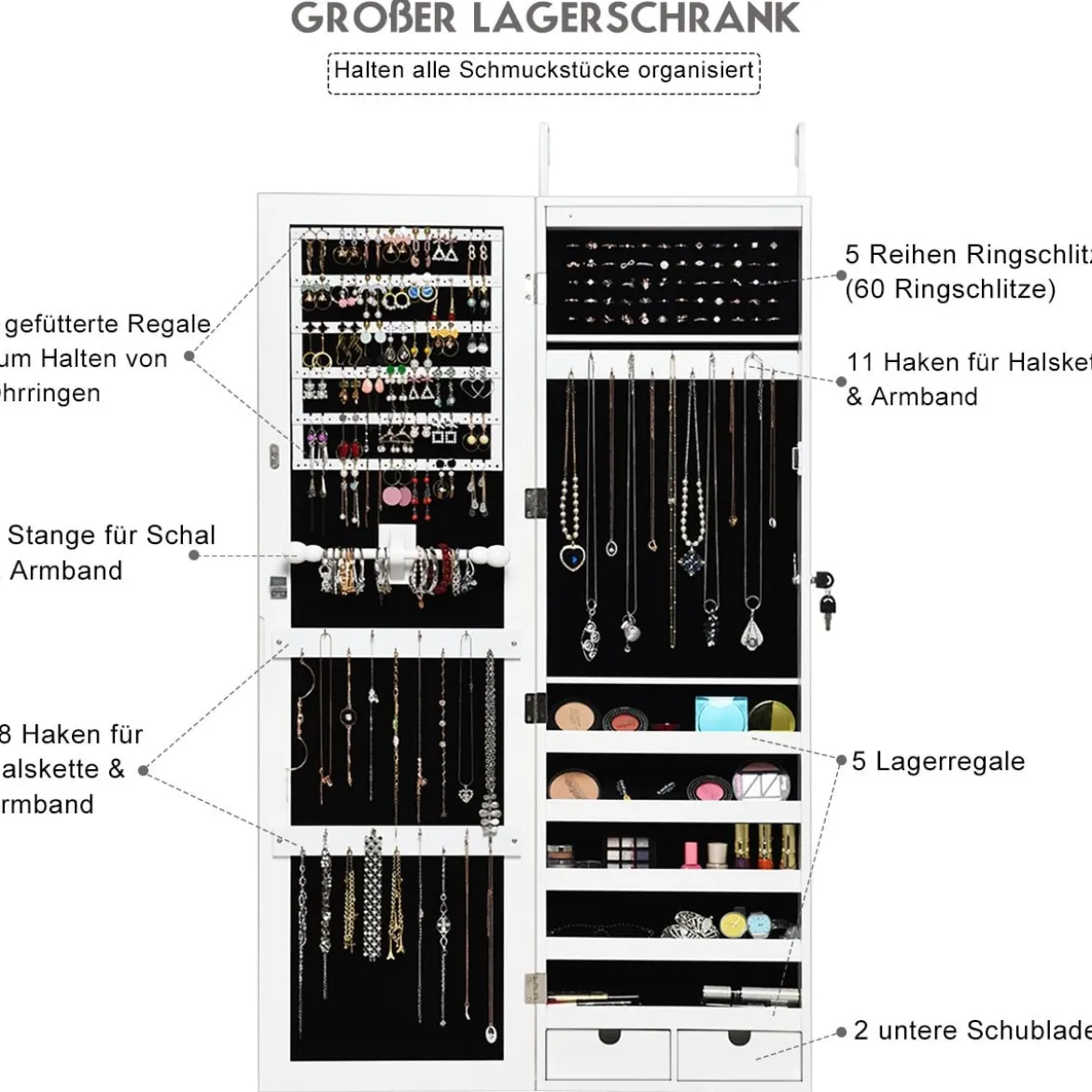 Schmuckschrank mit 15 LED Leuchten & Ganzkörperspiegel & Tür- / Wandmontage Weiß