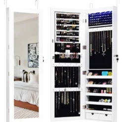 Schmuckschrank mit 15 LED Leuchten & Ganzkörperspiegel & Tür- / Wandmontage Weiß
