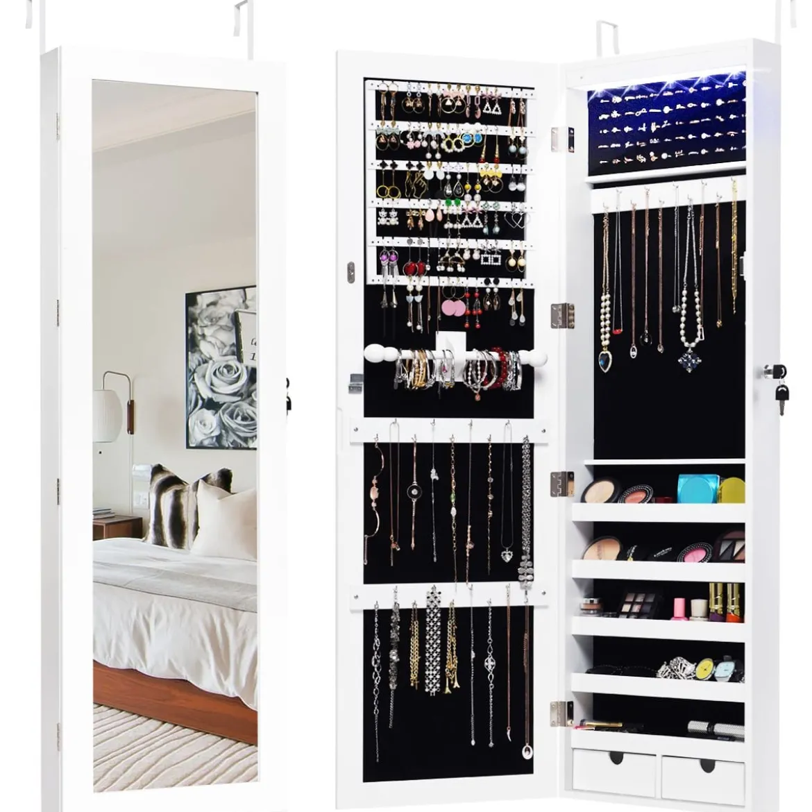 Schmuckschrank mit 15 LED Leuchten & Ganzkörperspiegel & Tür- / Wandmontage Weiß