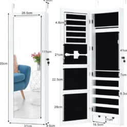 Schmuckschrank mit 15 LED Leuchten & Ganzkörperspiegel & Tür- / Wandmontage Weiß