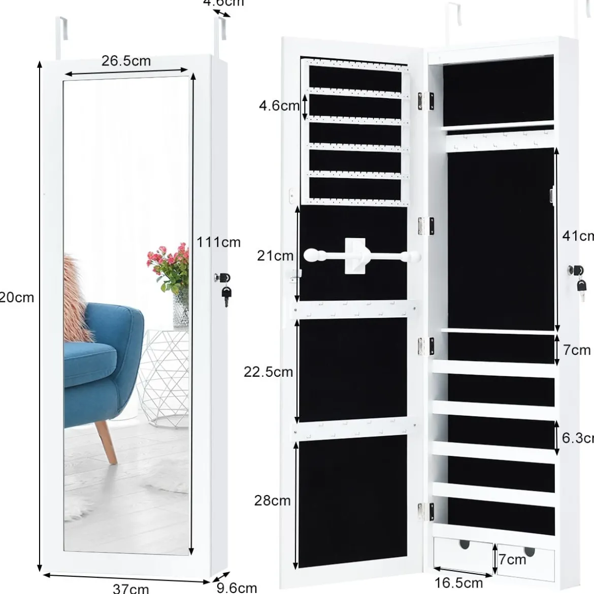 Schmuckschrank mit 15 LED Leuchten & Ganzkörperspiegel & Tür- / Wandmontage Weiß