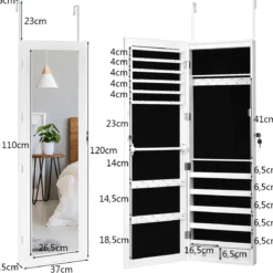 Schmuckschrank mit 15 LED Schmuckregal Schmuckorganizer 37 x 8,5 x 120 cm Weiß