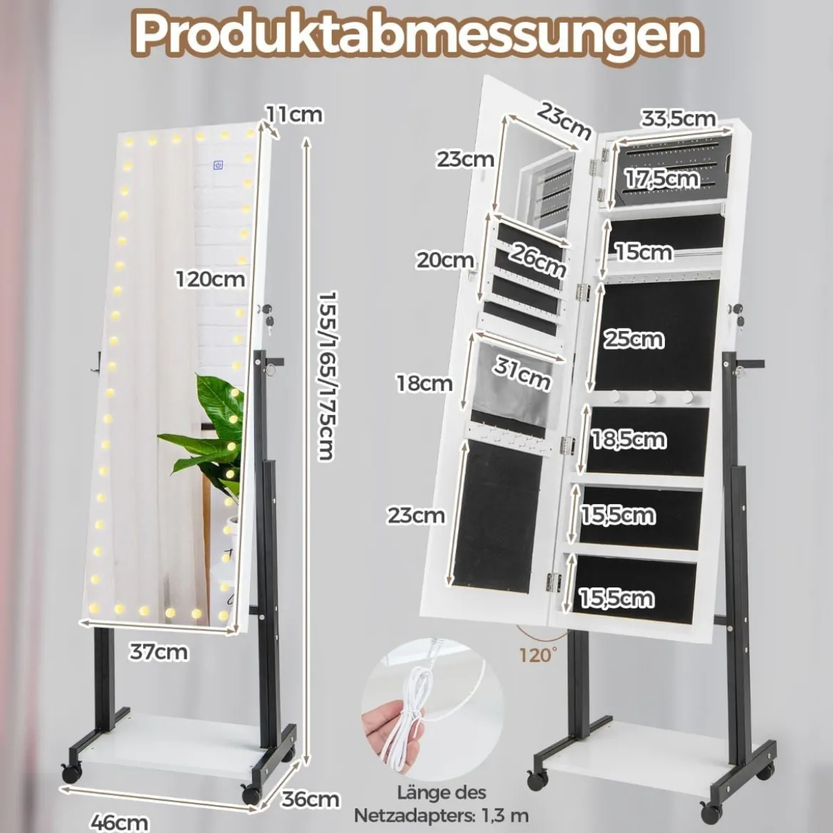 Schmuckschrank mit Rollen 4 in 1 Spiegelschrank mit 3-farbig LED Leuchten & verstellbarer Höhe Weiß