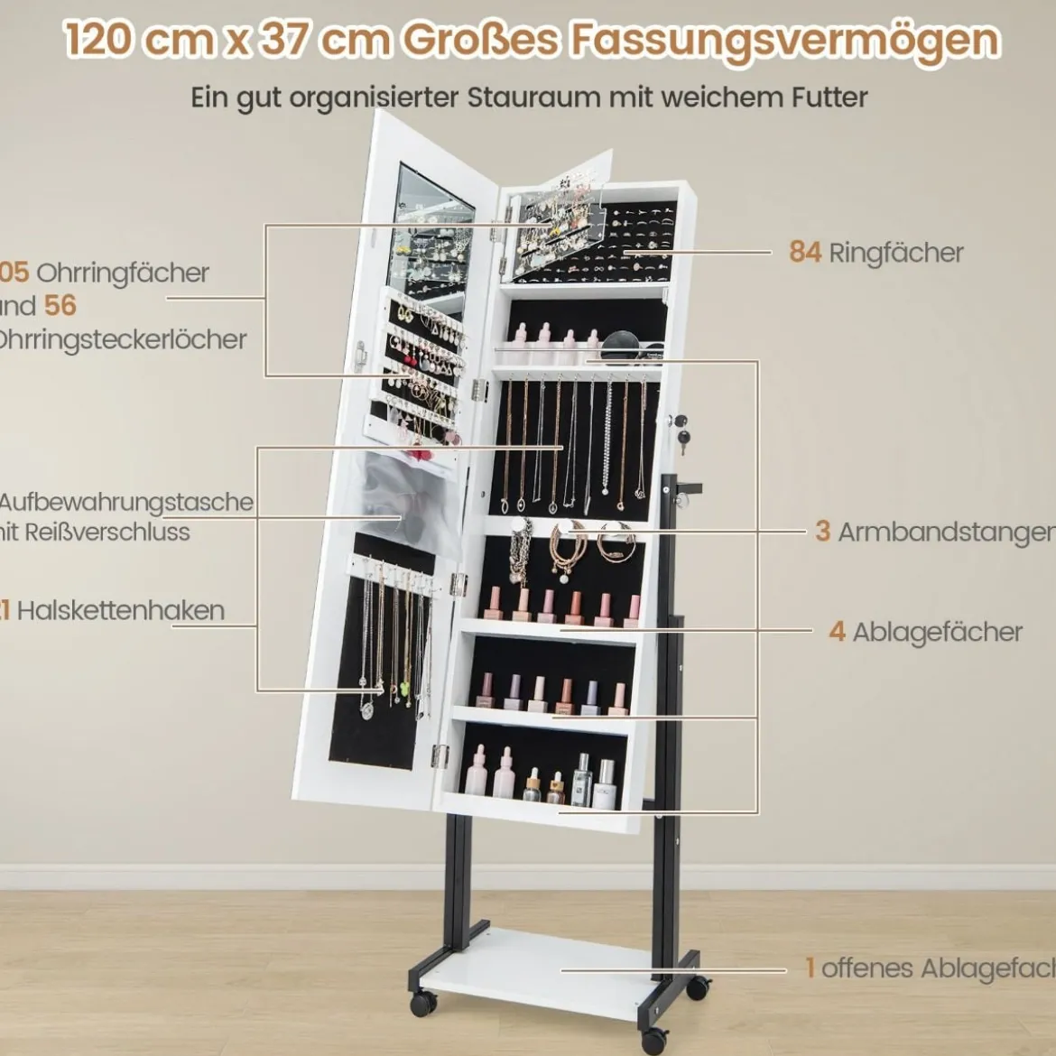 Schmuckschrank mit Rollen 4 in 1 Spiegelschrank mit 3-farbig LED Leuchten & verstellbarer Höhe Weiß