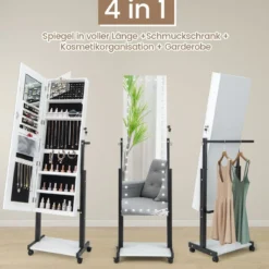 Schmuckschrank mit Rollen 4 in 1 Spiegelschrank mit 3-farbig LED Leuchten & verstellbarer Höhe Weiß