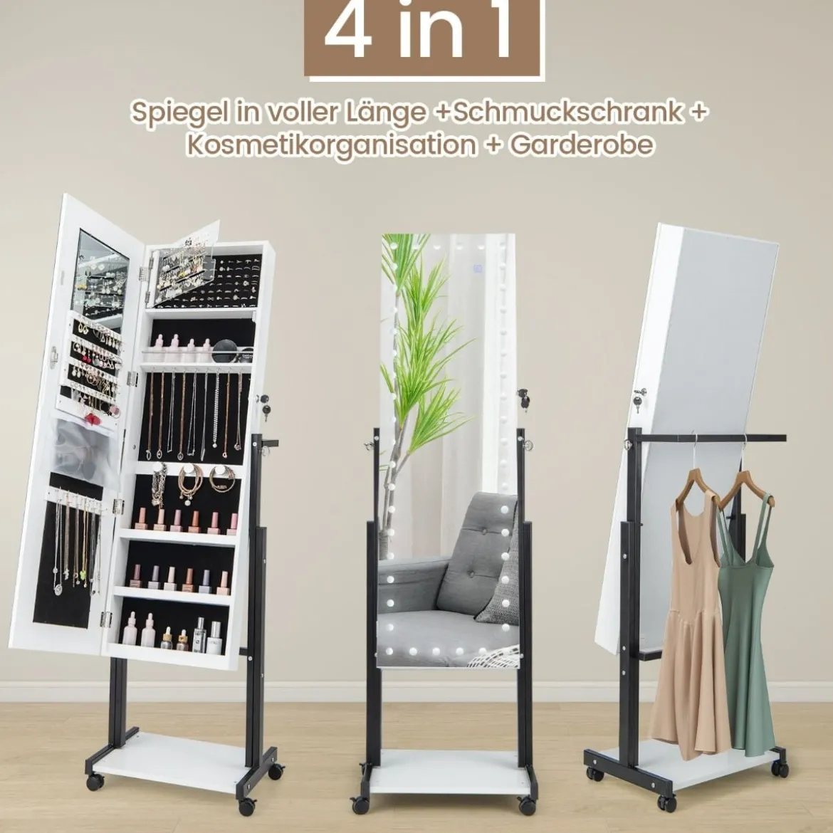 Schmuckschrank mit Rollen 4 in 1 Spiegelschrank mit 3-farbig LED Leuchten & verstellbarer Höhe Weiß