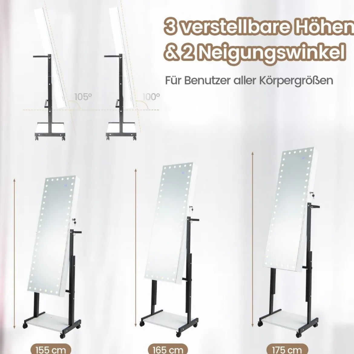 Schmuckschrank mit Rollen 4 in 1 Spiegelschrank mit 3-farbig LED Leuchten & verstellbarer Höhe Weiß