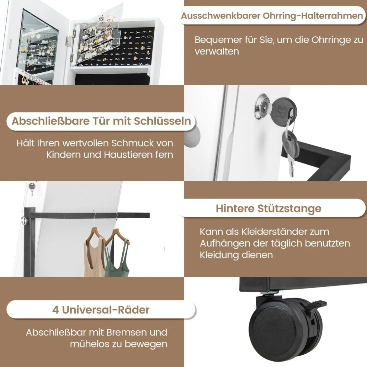 Schmuckschrank mit Rollen 4 in 1 Spiegelschrank mit 3-farbig LED Leuchten & verstellbarer Höhe Weiß