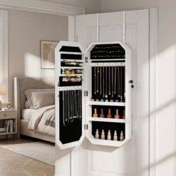 Schmuckschrank mit Spiegel Abschließbarer Hängeschrank mit Magnetische Tür 36 x 10 x 80 cm Weiß