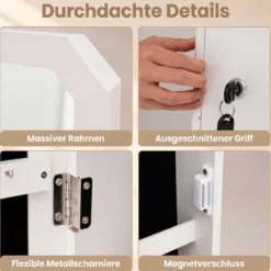 Schmuckschrank mit Spiegel Abschließbarer Hängeschrank mit Magnetische Tür 36 x 10 x 80 cm Weiß
