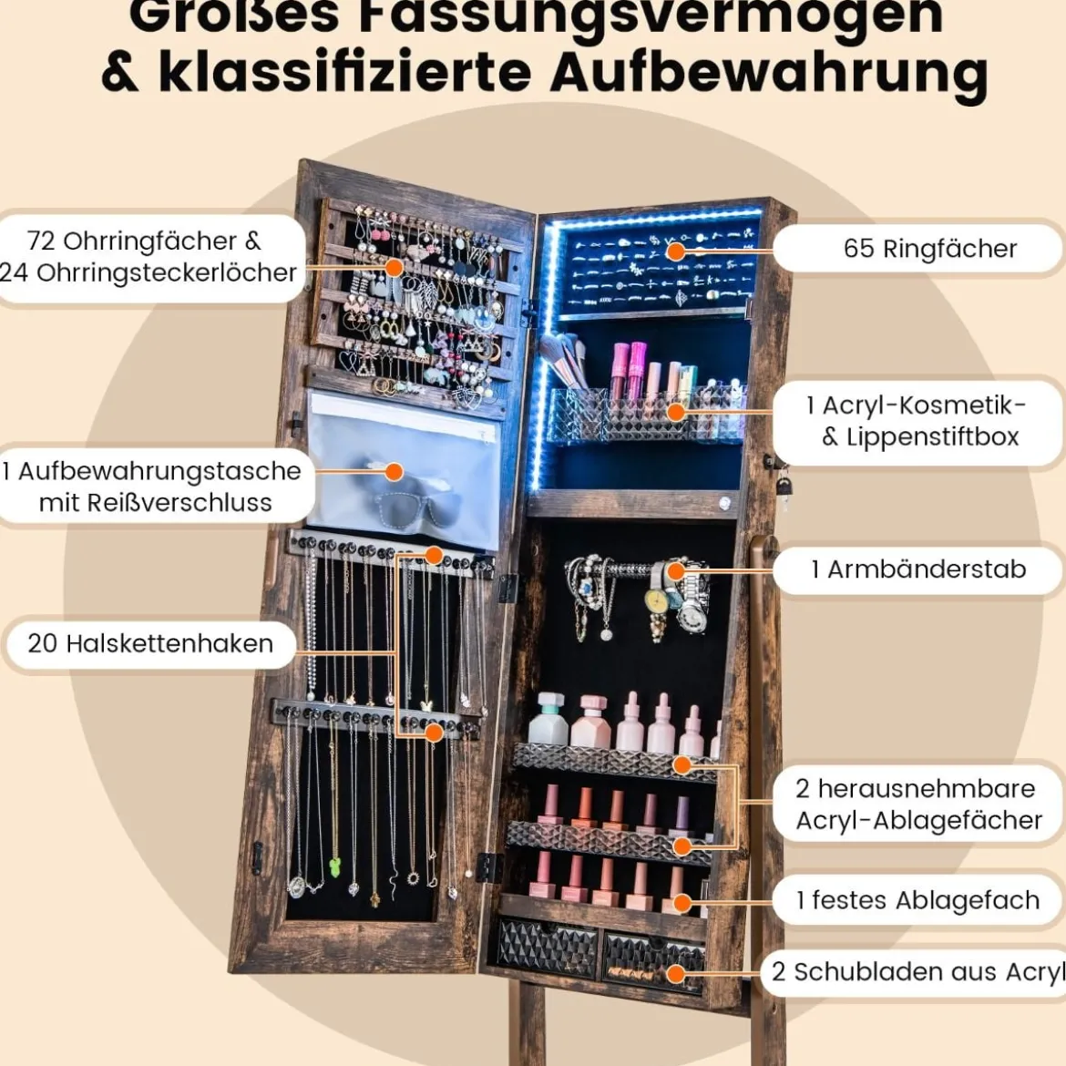 Schmuckschrank mit Spiegel & 3-farbigen LED Beleuchtung Spiegelschrank Schmuckregal