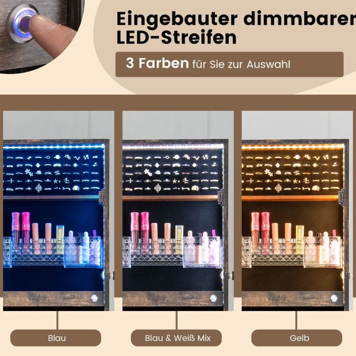 Schmuckschrank mit Spiegel & 3-farbigen LED Beleuchtung Spiegelschrank Schmuckregal