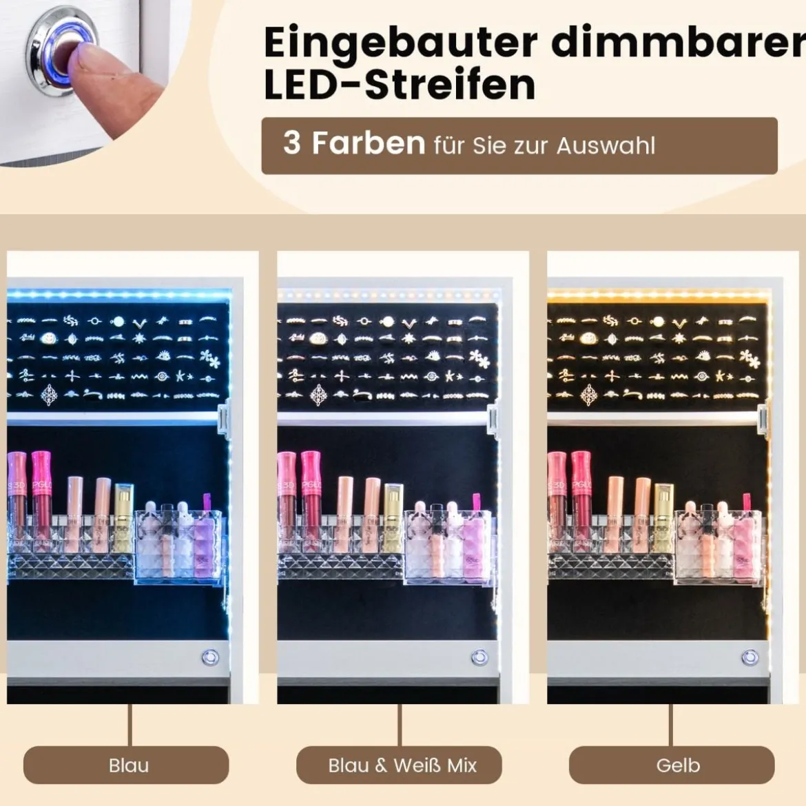Schmuckschrank mit Spiegel & 3-farbigen LED Beleuchtung Spiegelschrank Schmuckregal