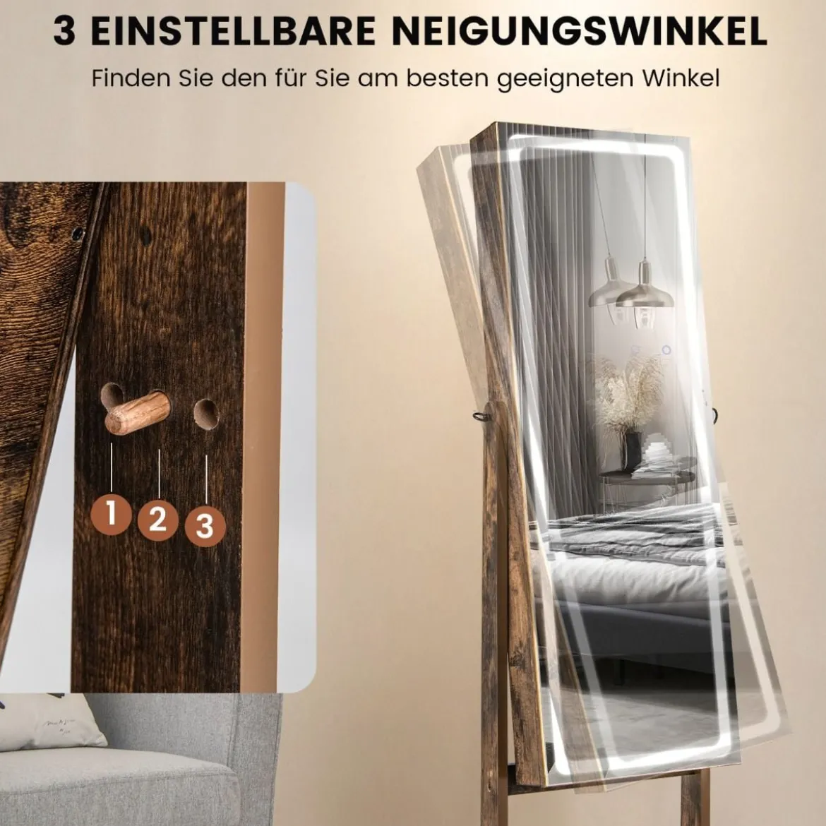 Schmuckschrank mit Spiegel & 3-farbigen LED Beleuchtung Spiegelschrank Schmuckregal