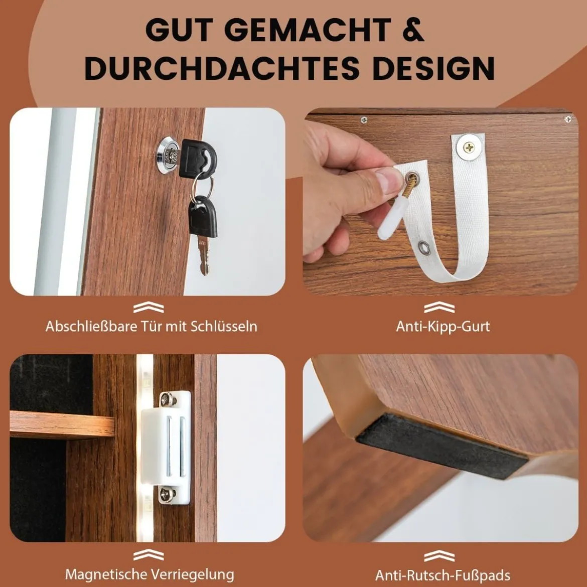 Schmuckschrank mit Spiegel & 3-farbigen LED Beleuchtung Spiegelschrank Schmuckregal