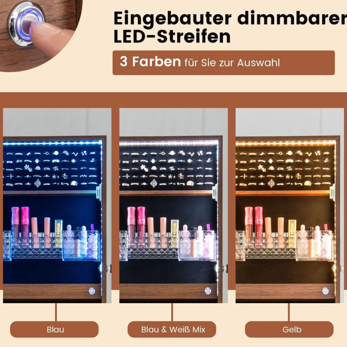 Schmuckschrank mit Spiegel & 3-farbigen LED Beleuchtung Spiegelschrank Schmuckregal