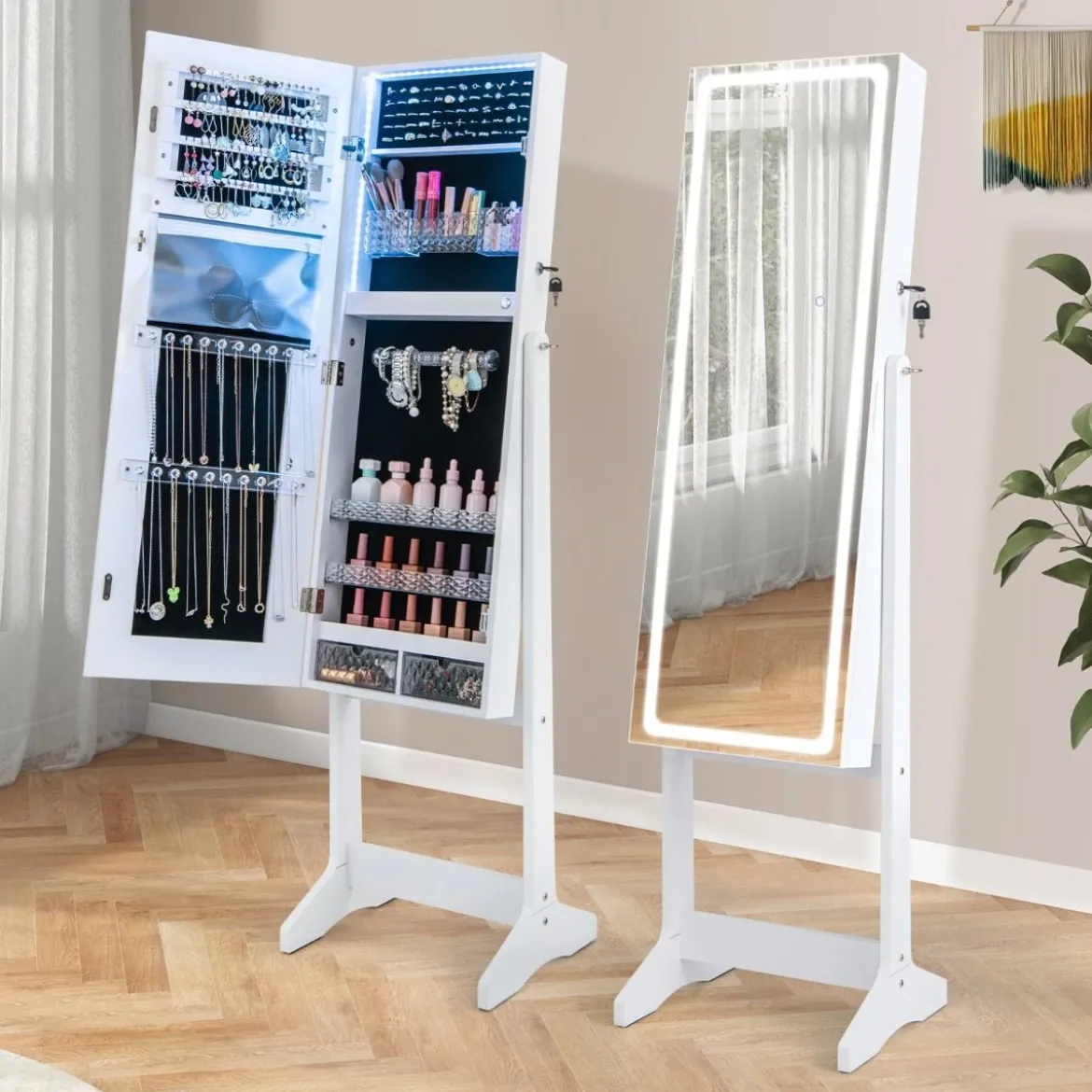 Schmuckschrank mit Spiegel & 3-farbigen LED Beleuchtung Spiegelschrank Schmuckregal