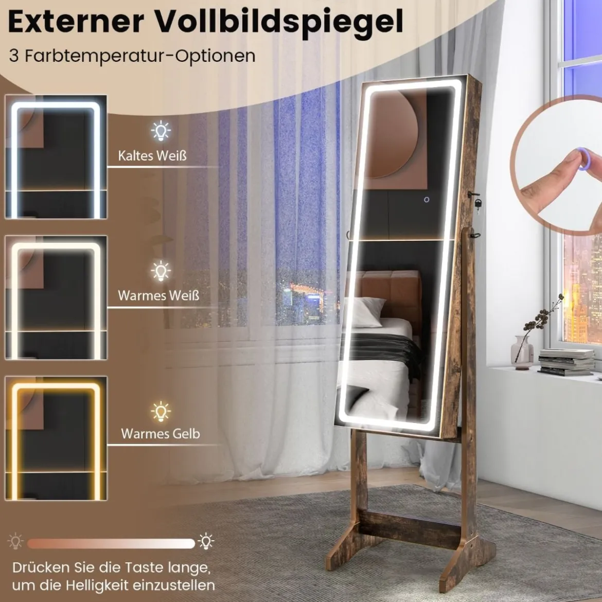 Schmuckschrank mit Spiegel & 3-farbigen LED Beleuchtung Spiegelschrank Schmuckregal