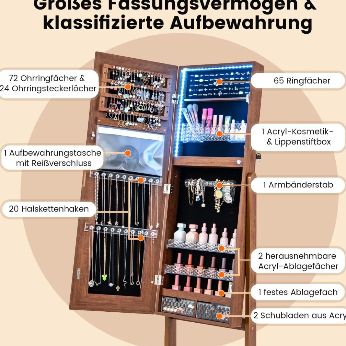 Schmuckschrank mit Spiegel & 3-farbigen LED Beleuchtung Spiegelschrank Schmuckregal