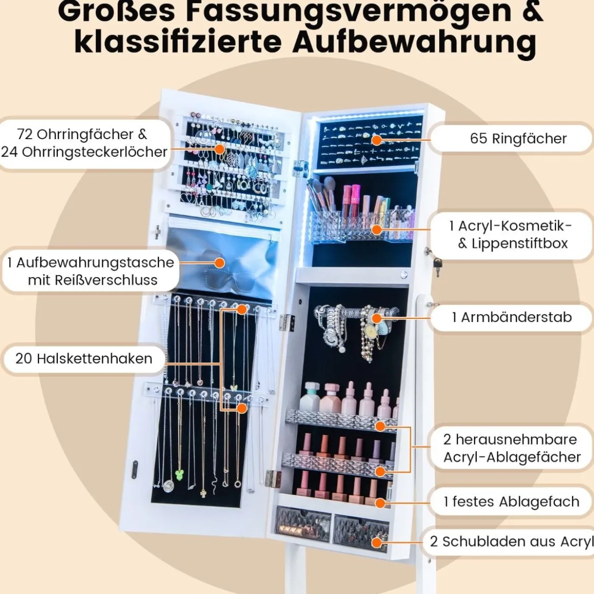 Schmuckschrank mit Spiegel & 3-farbigen LED Beleuchtung Spiegelschrank Schmuckregal