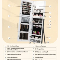 Schmuckschrank mit Spiegel & 3-farbigen LED Beleuchtung 41,5 x 37 x 157 cm Weiß