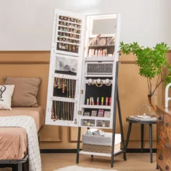 Schmuckschrank mit Spiegel & 3-farbigen LED Beleuchtung 41,5 x 37 x 157 cm Weiß