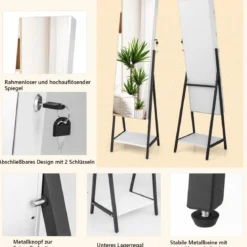 Schmuckschrank mit Spiegel & 3-farbigen LED Beleuchtung 41,5 x 37 x 157 cm Weiß