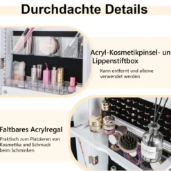 Schmuckschrank mit Spiegel & 3-farbigen LED Beleuchtung 41,5 x 37 x 157 cm Weiß