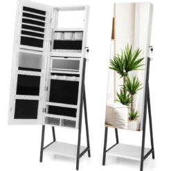 Schmuckschrank mit Spiegel & 3-farbigen LED Beleuchtung 41,5 x 37 x 157 cm Weiß