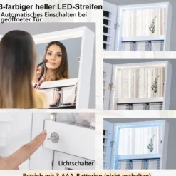 Schmuckschrank mit Spiegel & 3-farbigen LED Beleuchtung 41,5 x 37 x 157 cm Weiß