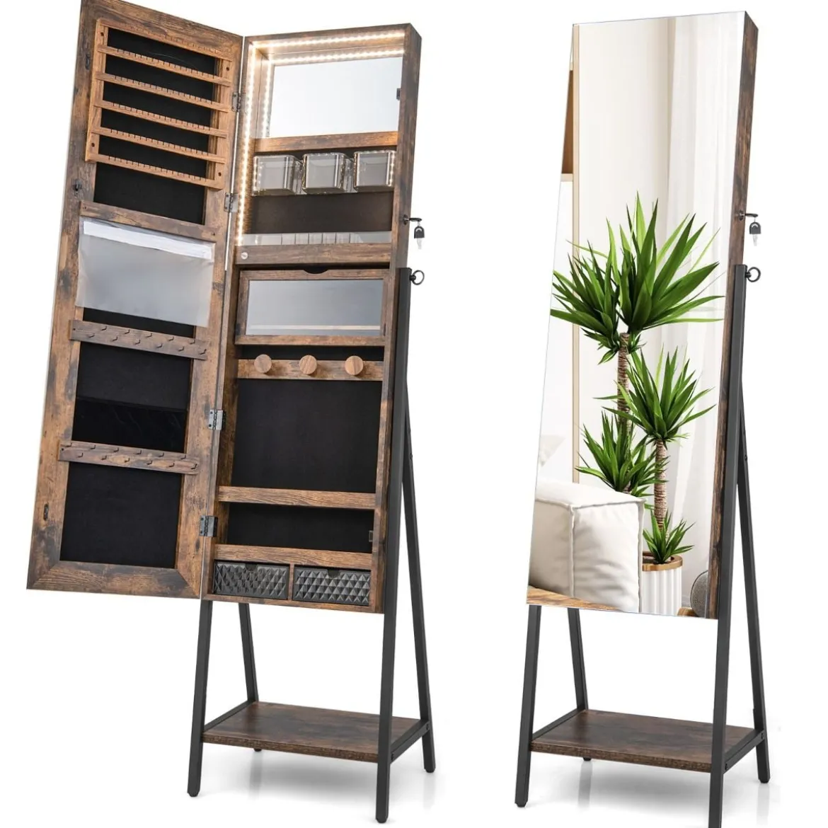 Schmuckschrank mit Spiegel & 3-farbigen LED Beleuchtung 41,5 x 37 x 157 cm Rustikales Braun