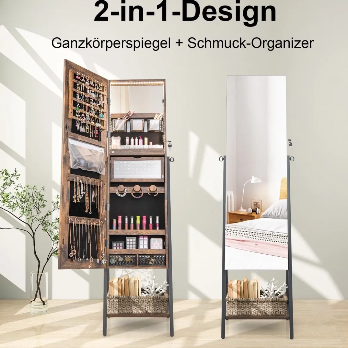 Schmuckschrank mit Spiegel & 3-farbigen LED Beleuchtung 41,5 x 37 x 157 cm Rustikales Braun