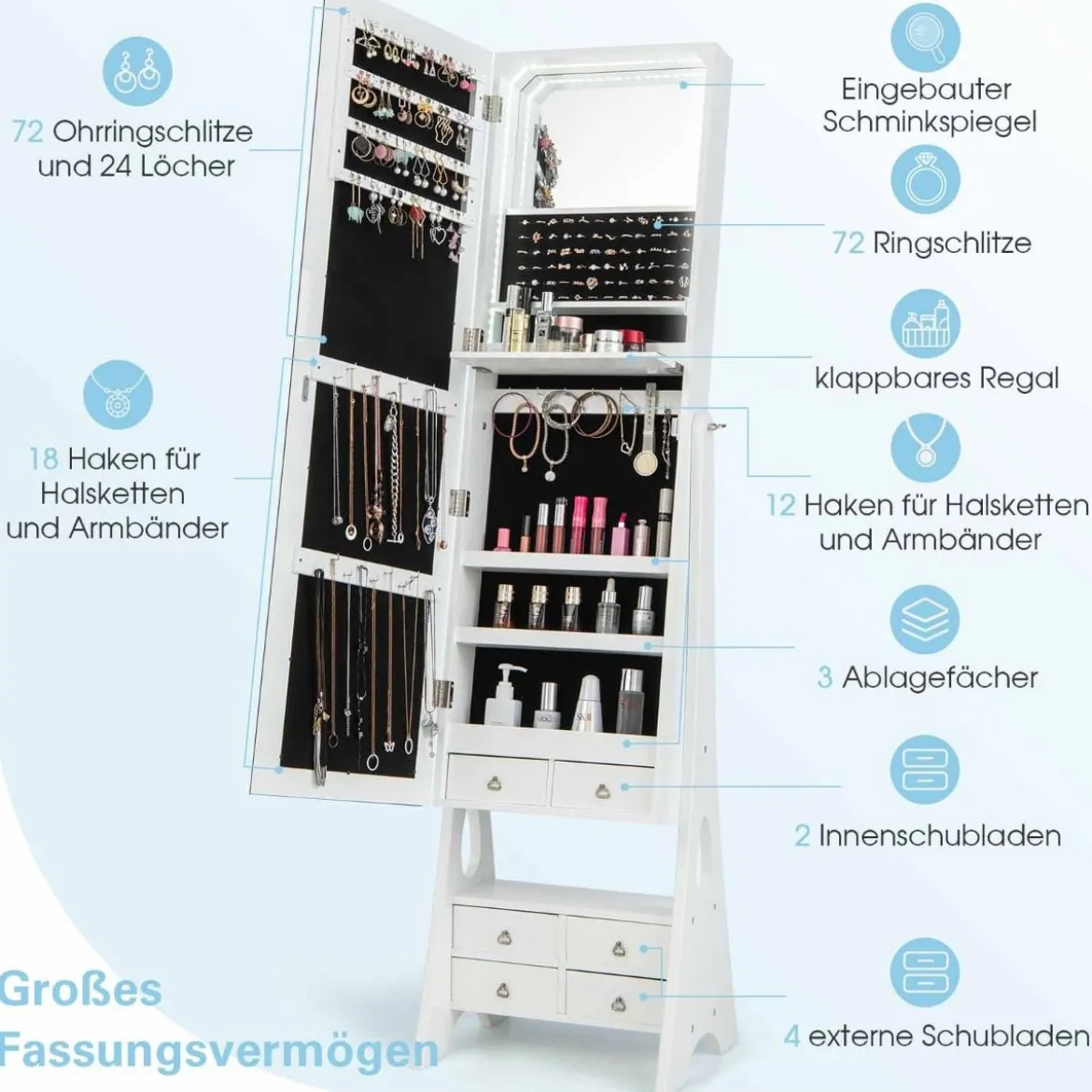 Schmuckschrank mit Spiegel mit Beleuchtung Schmuck Spiegelschrank Braun/Weiß