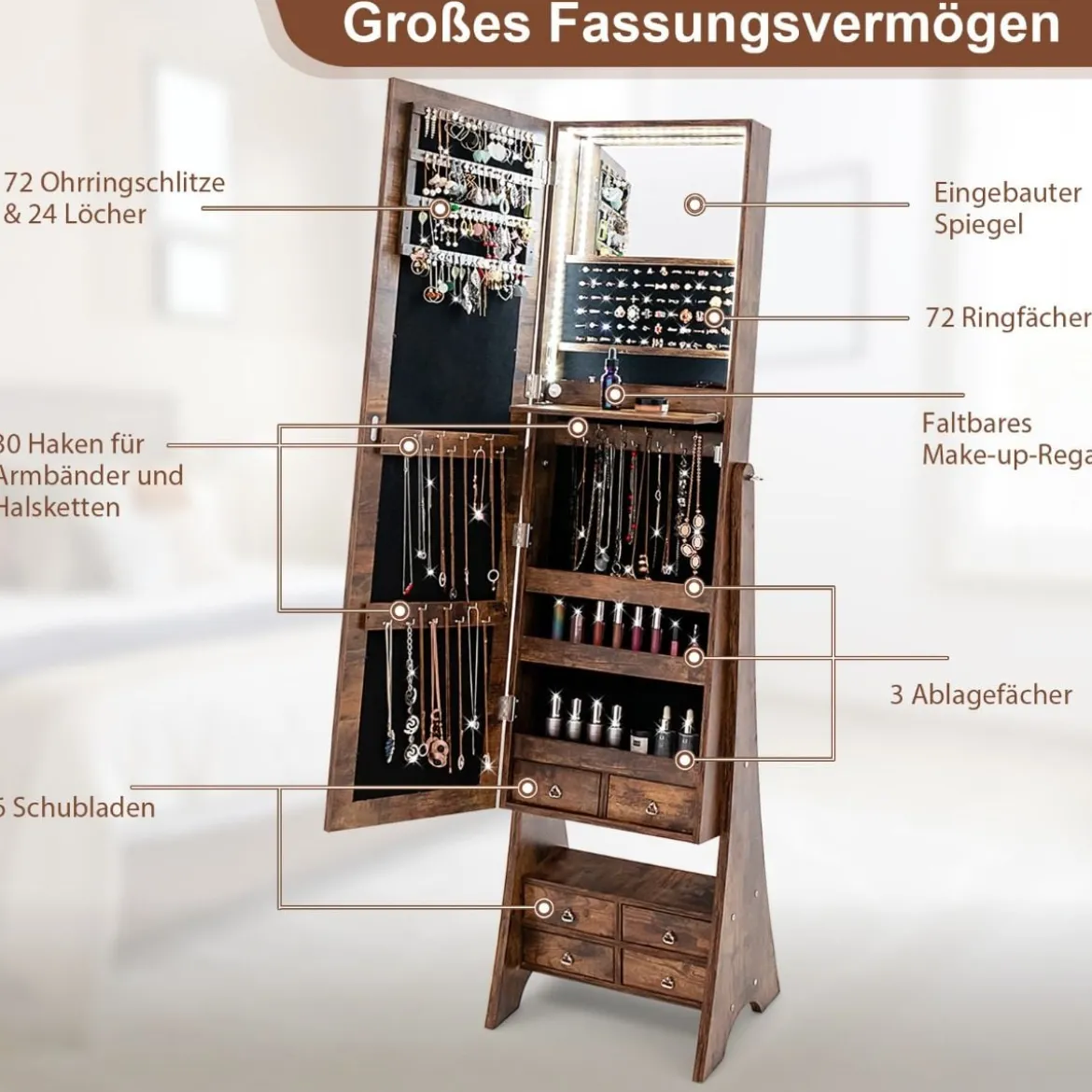 Schmuckschrank mit Spiegel mit Beleuchtung Schmuck Spiegelschrank mit Schubladen Braun