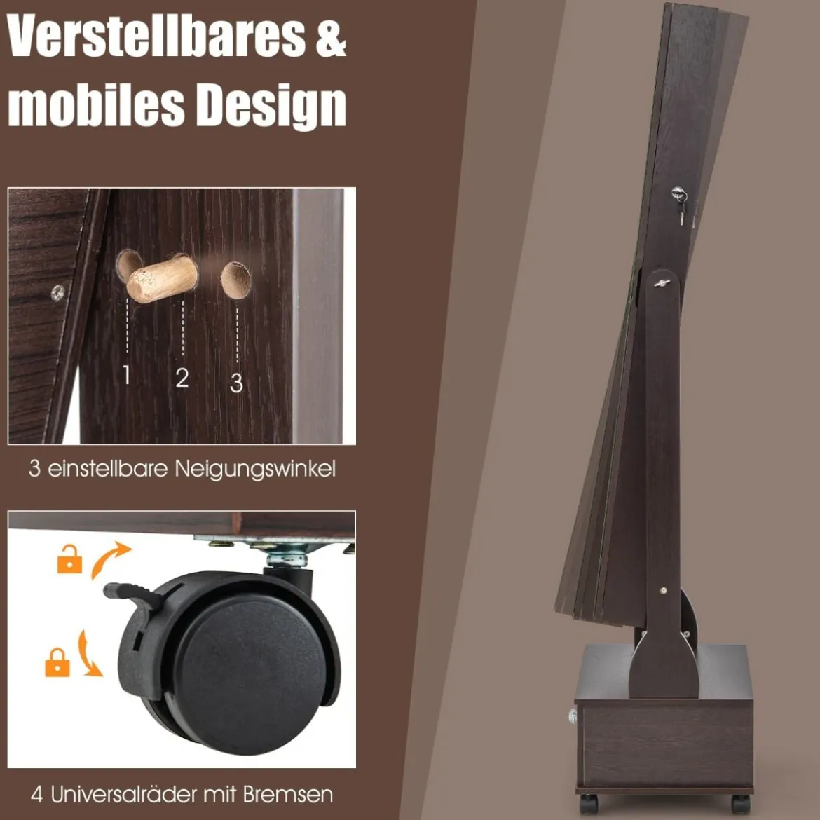 Schmuckschrank mit 3 Spiegeln & Schublade & Rollen & Leuchten Schmuckspiegel Braun