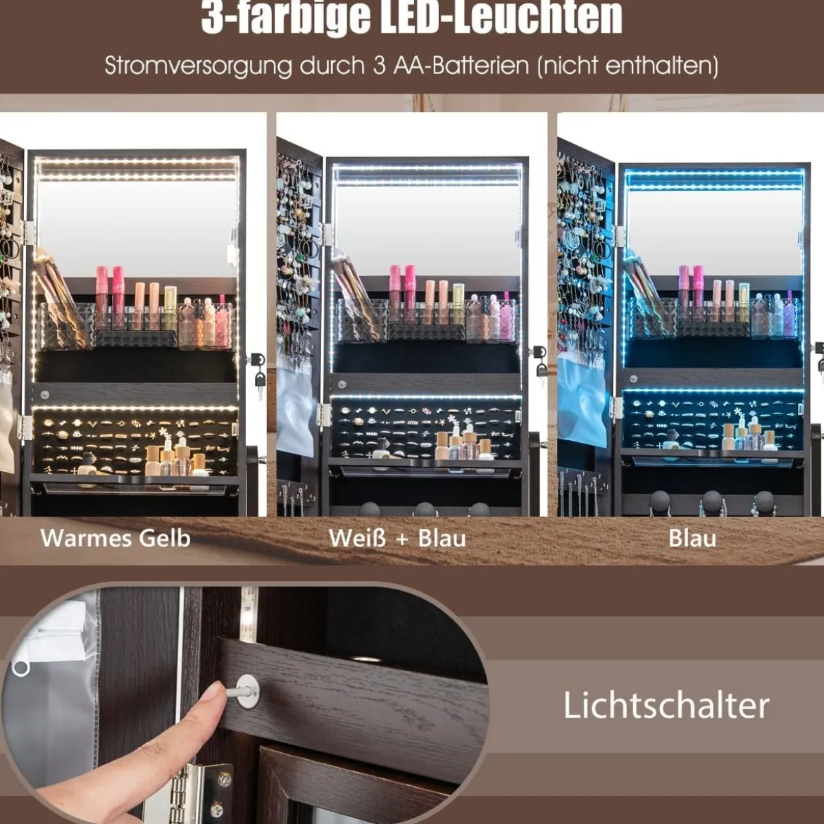 Schmuckschrank mit 3 Spiegeln & Schublade & Rollen & Leuchten Schmuckspiegel Braun