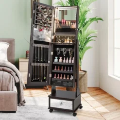 Schmuckschrank mit 3 Spiegeln & Schublade & Rollen & Leuchten Schmuckspiegel Braun