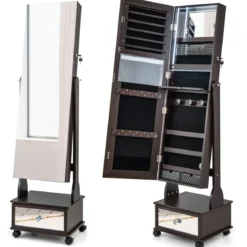 Schmuckschrank mit 3 Spiegeln & Schublade & Rollen & Leuchten Schmuckspiegel Braun