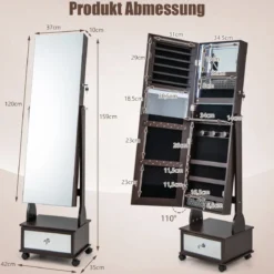 Schmuckschrank mit 3 Spiegeln & Schublade & Rollen & Leuchten Schmuckspiegel Braun
