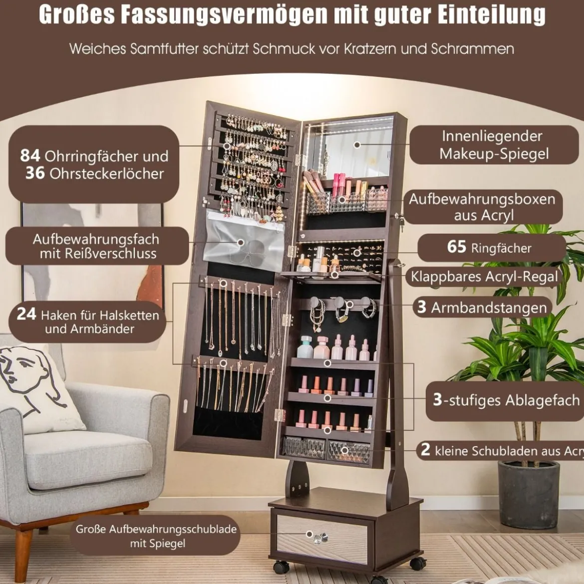 Schmuckschrank mit 3 Spiegeln & Schublade & Rollen & Leuchten Schmuckspiegel Braun