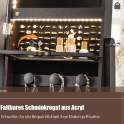 Schmuckschrank mit 3 Spiegeln & Schublade & Rollen & Leuchten Schmuckspiegel Braun