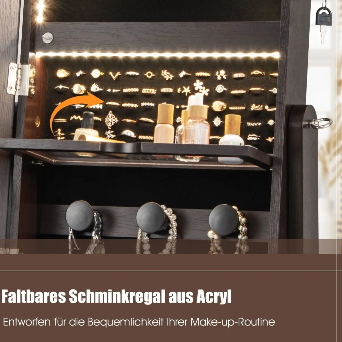 Schmuckschrank mit 3 Spiegeln & Schublade & Rollen & Leuchten Schmuckspiegel Braun