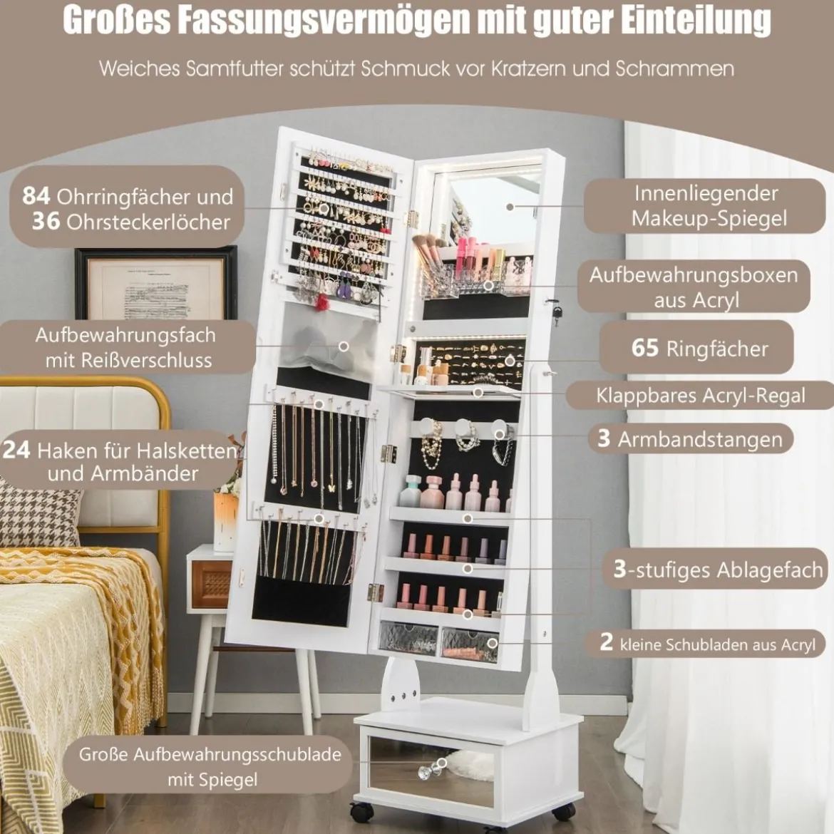Schmuckschrank mit 3 Spiegeln & Schublade & Rollen & Leuchten Schmuckspiegel Weiß